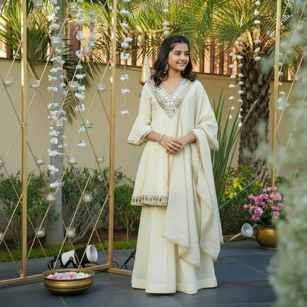 Elegant Festive Wear With Real Mirror Work Kids Wear Sharara Suit