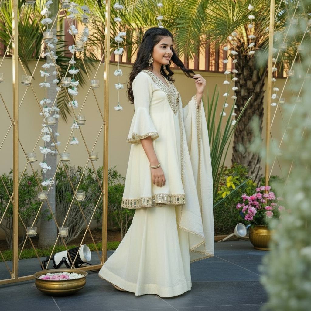 Elegant Festive Wear With Real Mirror Work Kids Wear Sharara Suit