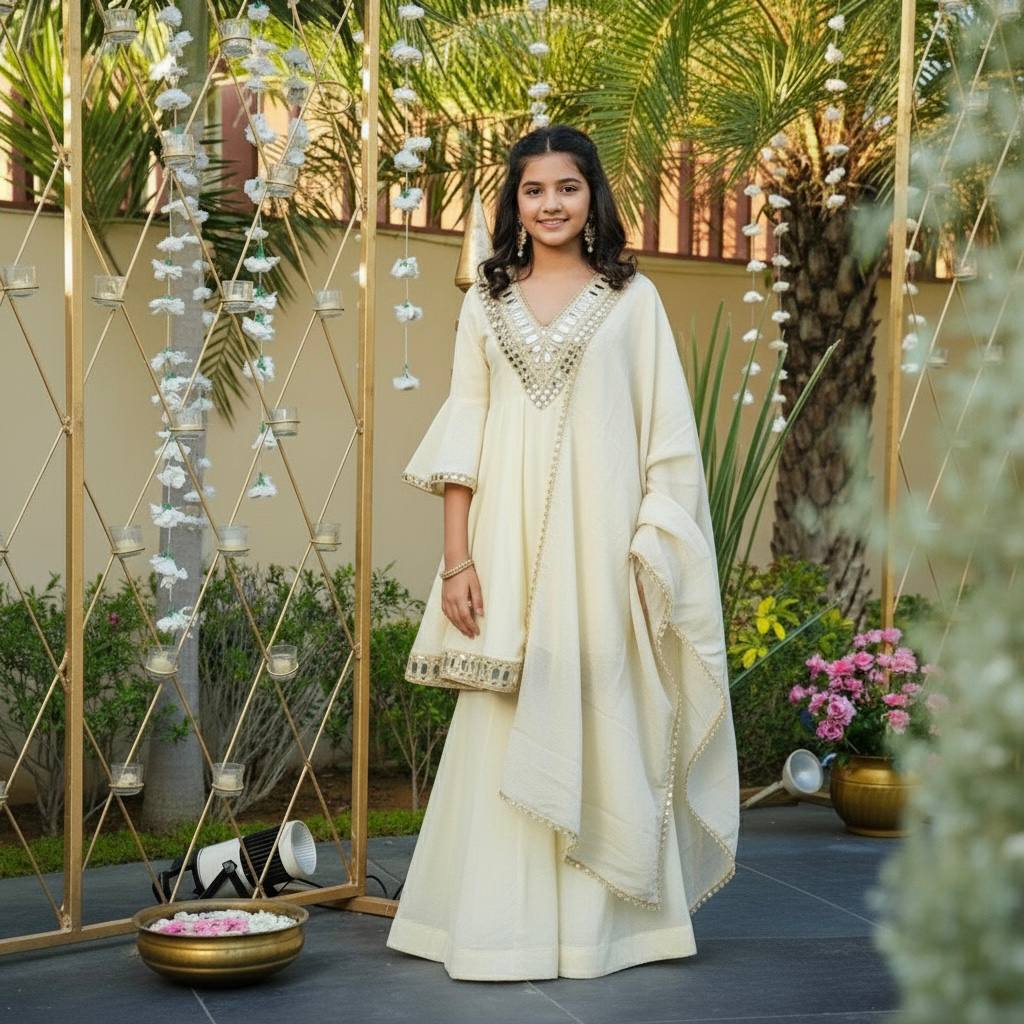 Elegant Festive Wear With Real Mirror Work Kids Wear Sharara Suit