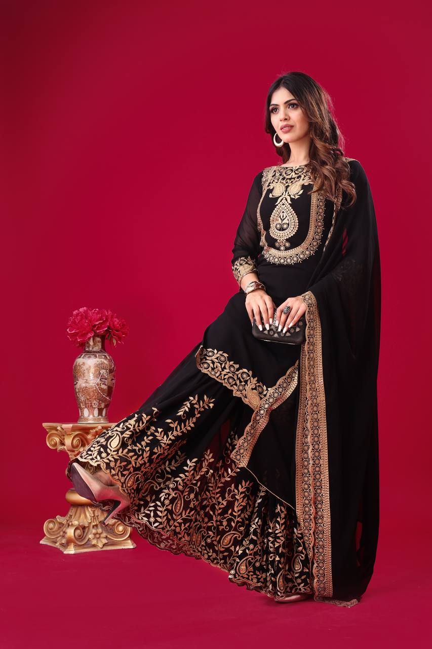 Fabulous Black Color Blooming Faux Georgette With Heavy Embroidery Sequence Thread Work Sharara Suit