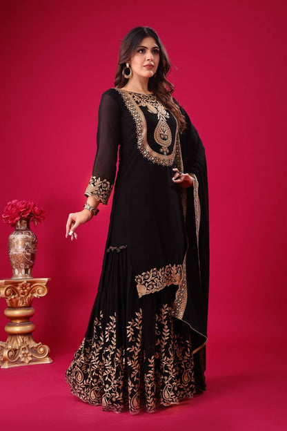 Fabulous Black Color Blooming Faux Georgette With Heavy Embroidery Sequence Thread Work Sharara Suit
