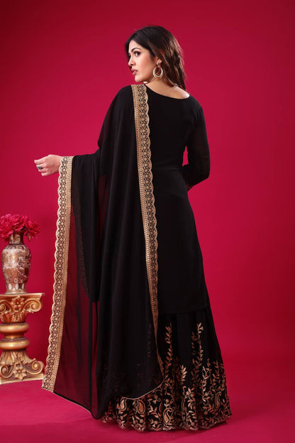 Fabulous Black Color Blooming Faux Georgette With Heavy Embroidery Sequence Thread Work Sharara Suit