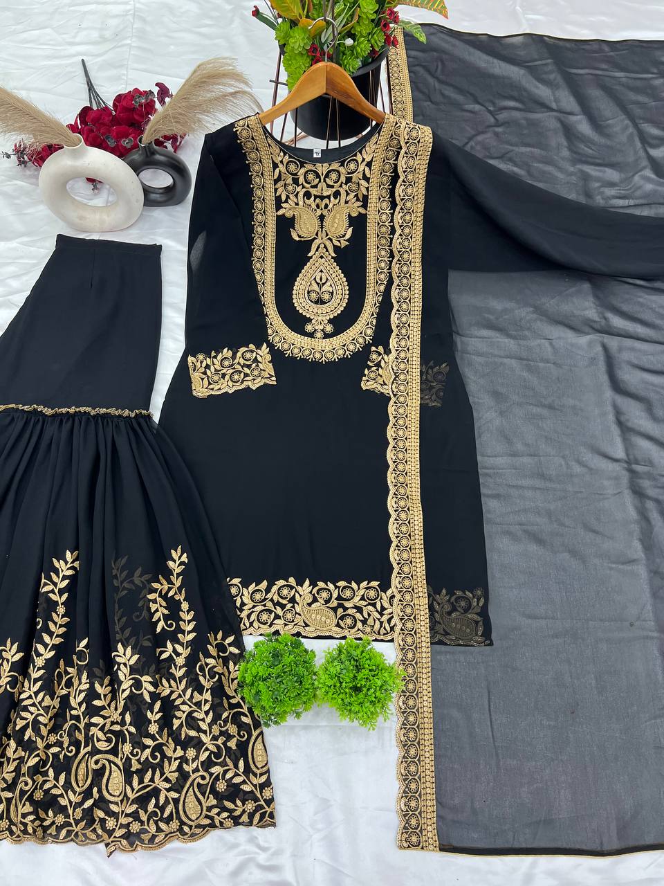 Fabulous Black Color Blooming Faux Georgette With Heavy Embroidery Sequence Thread Work Sharara Suit