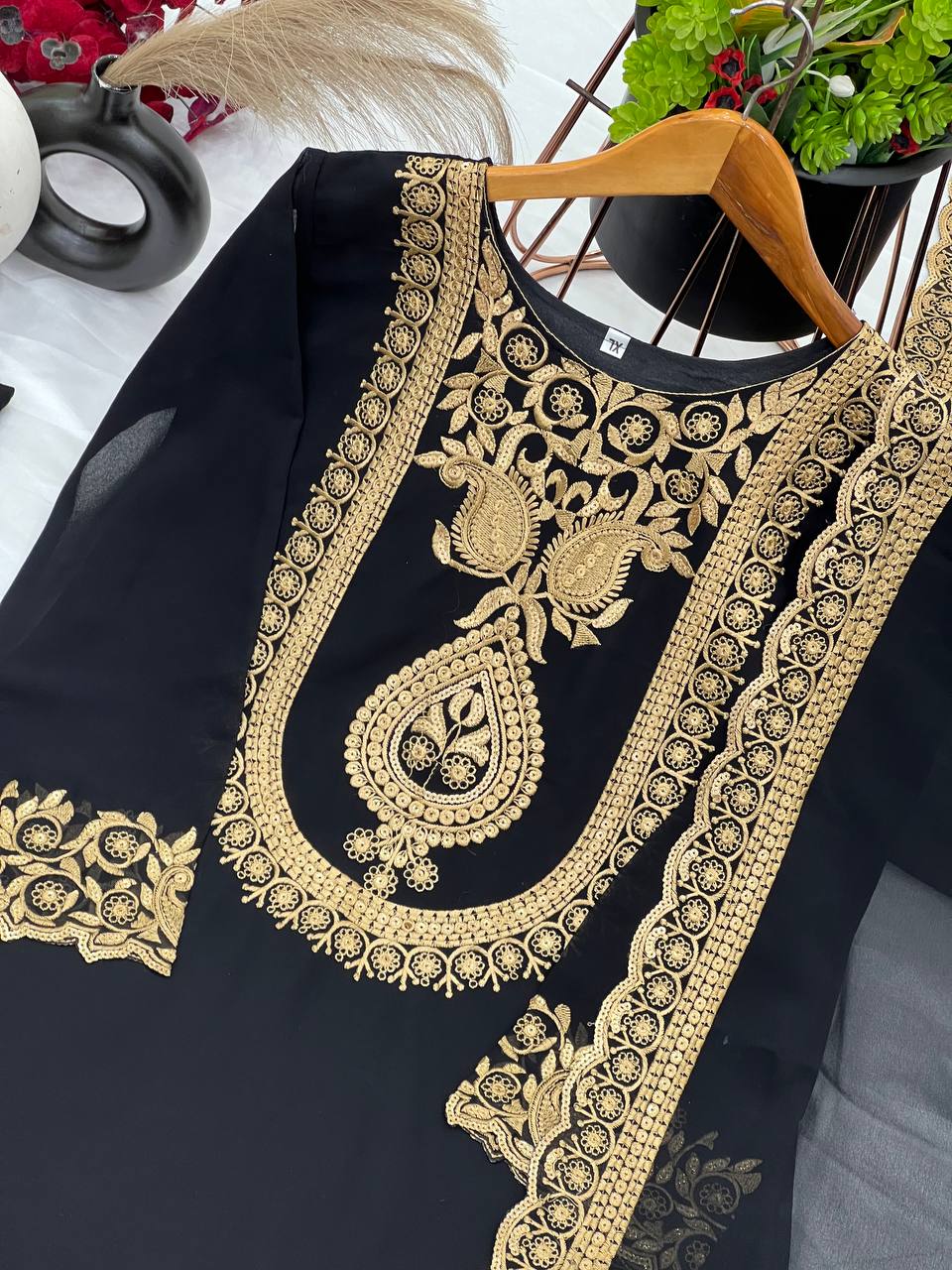 Fabulous Black Color Blooming Faux Georgette With Heavy Embroidery Sequence Thread Work Sharara Suit