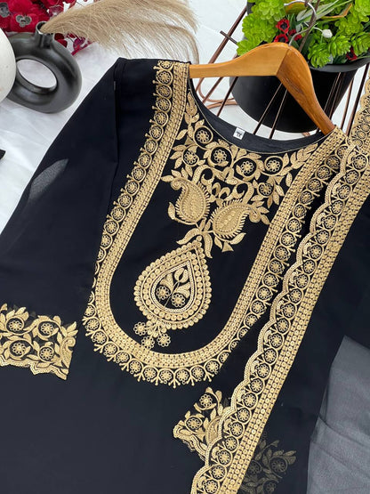 Fabulous Black Color Blooming Faux Georgette With Heavy Embroidery Sequence Thread Work Sharara Suit