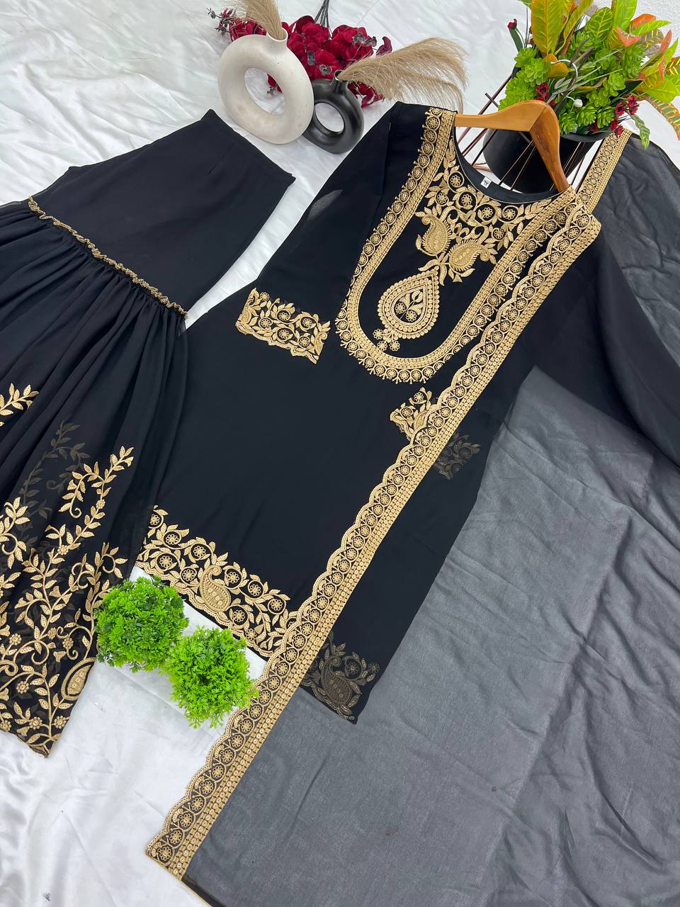 Fabulous Black Color Blooming Faux Georgette With Heavy Embroidery Sequence Thread Work Sharara Suit
