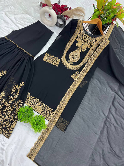 Fabulous Black Color Blooming Faux Georgette With Heavy Embroidery Sequence Thread Work Sharara Suit
