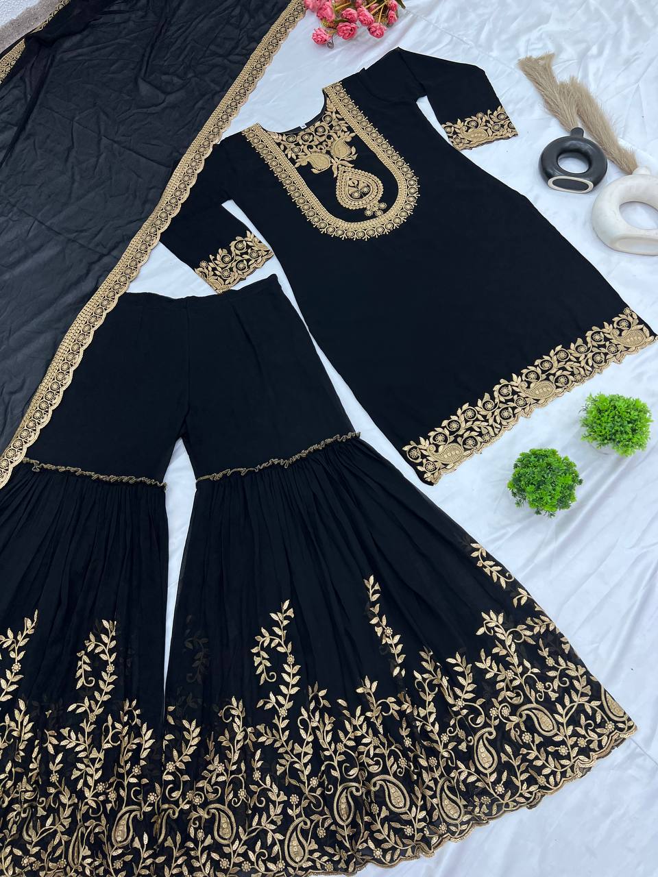 Fabulous Black Color Blooming Faux Georgette With Heavy Embroidery Sequence Thread Work Sharara Suit