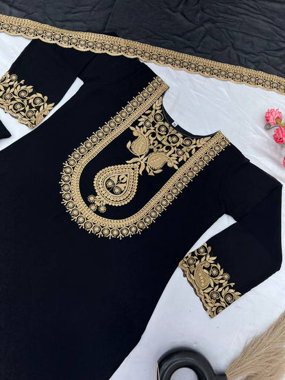 Fabulous Black Color Blooming Faux Georgette With Heavy Embroidery Sequence Thread Work Sharara Suit