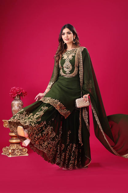 Fabulous Green Color Blooming Faux Georgette With Heavy Embroidery Sequence Thread Work Sharara Suit
