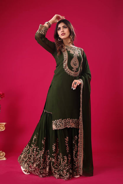 Fabulous Green Color Blooming Faux Georgette With Heavy Embroidery Sequence Thread Work Sharara Suit