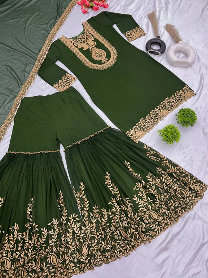 Fabulous Green Color Blooming Faux Georgette With Heavy Embroidery Sequence Thread Work Sharara Suit