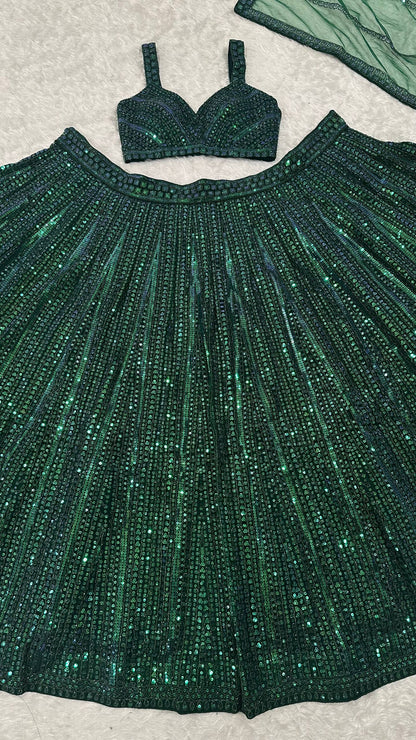 Sangeet Wear Green Color With Sequin Work Lehenga Set