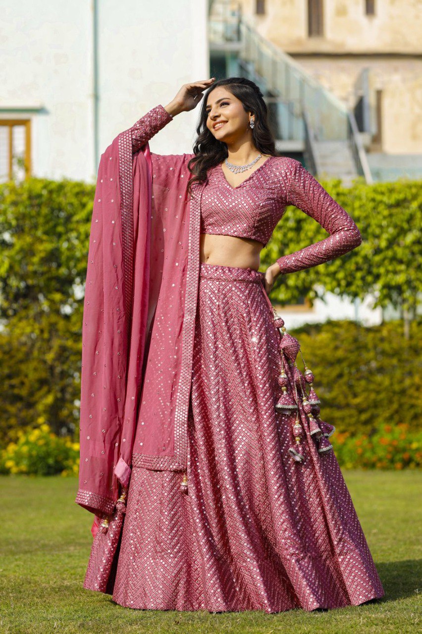 Engagement Wear Pink Color Faux Georgette Embroidered Lehenga  Choli
