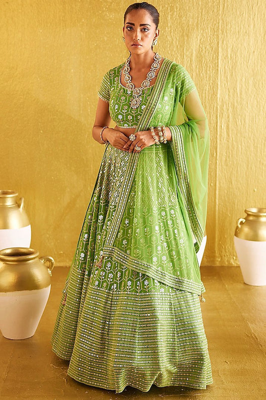 Celebrity Style Green Color Banglori Silk Zari Embroidered Lehenga Choli