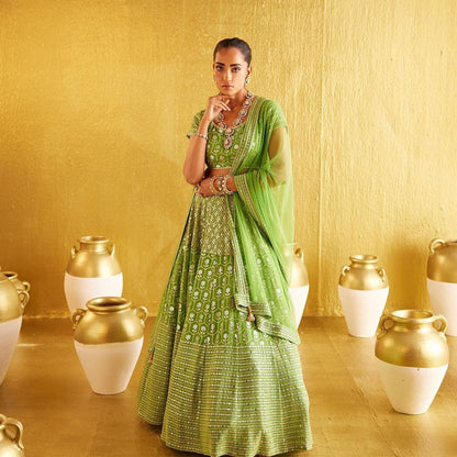 Celebrity Style Green Color Banglori Silk Zari Embroidered Lehenga Choli