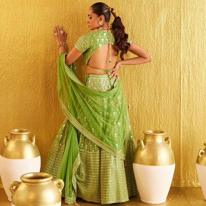 Celebrity Style Green Color Banglori Silk Zari Embroidered Lehenga Choli