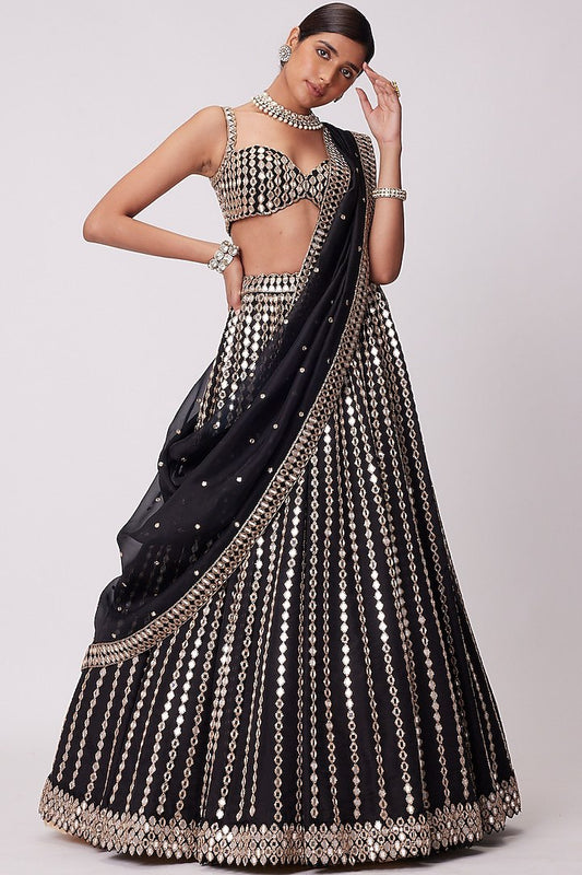 Gorgeous Black Color Organza Silk Paper Mirror With Zari Work Lehenga Choli