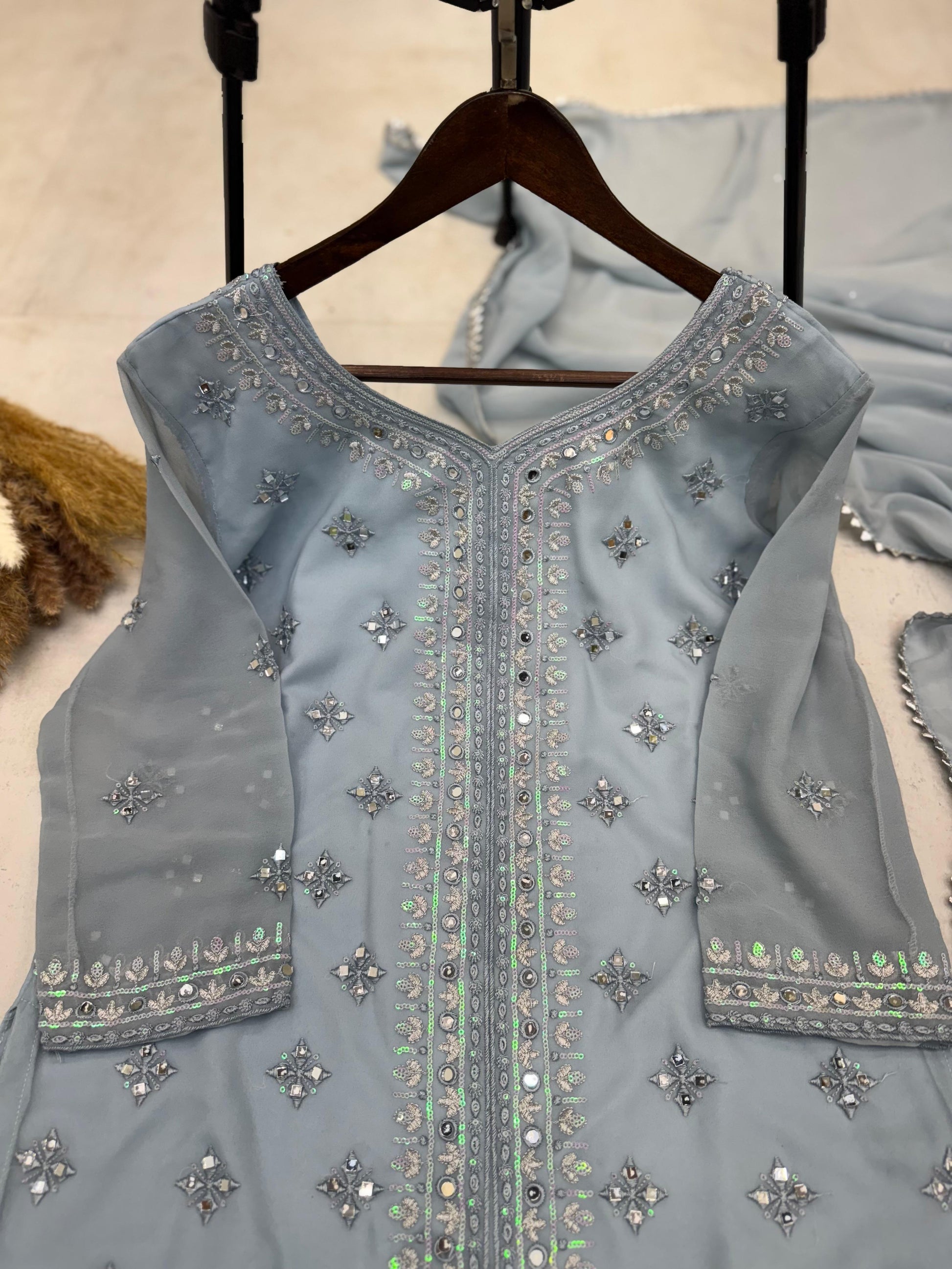 Captivating Real Mirror Work Grey Color Sharara Suit