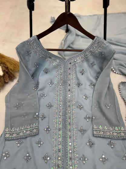 Captivating Real Mirror Work Grey Color Sharara Suit