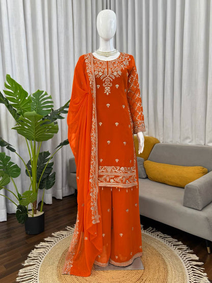 Wedding Wear Orange Color Georgette Palazzo Set