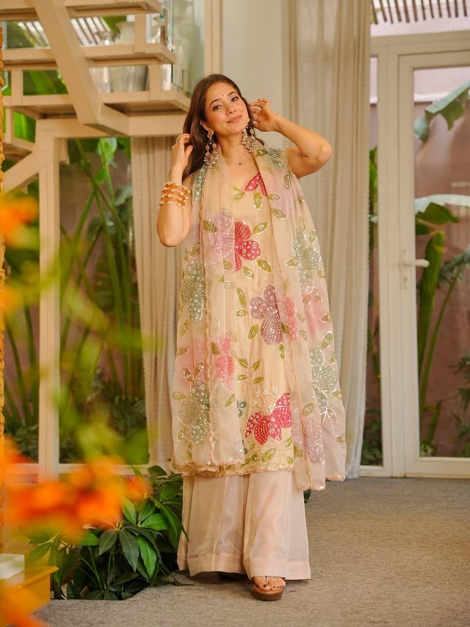 Designer Cream Color Tibby Organza Silk Palazzo Set