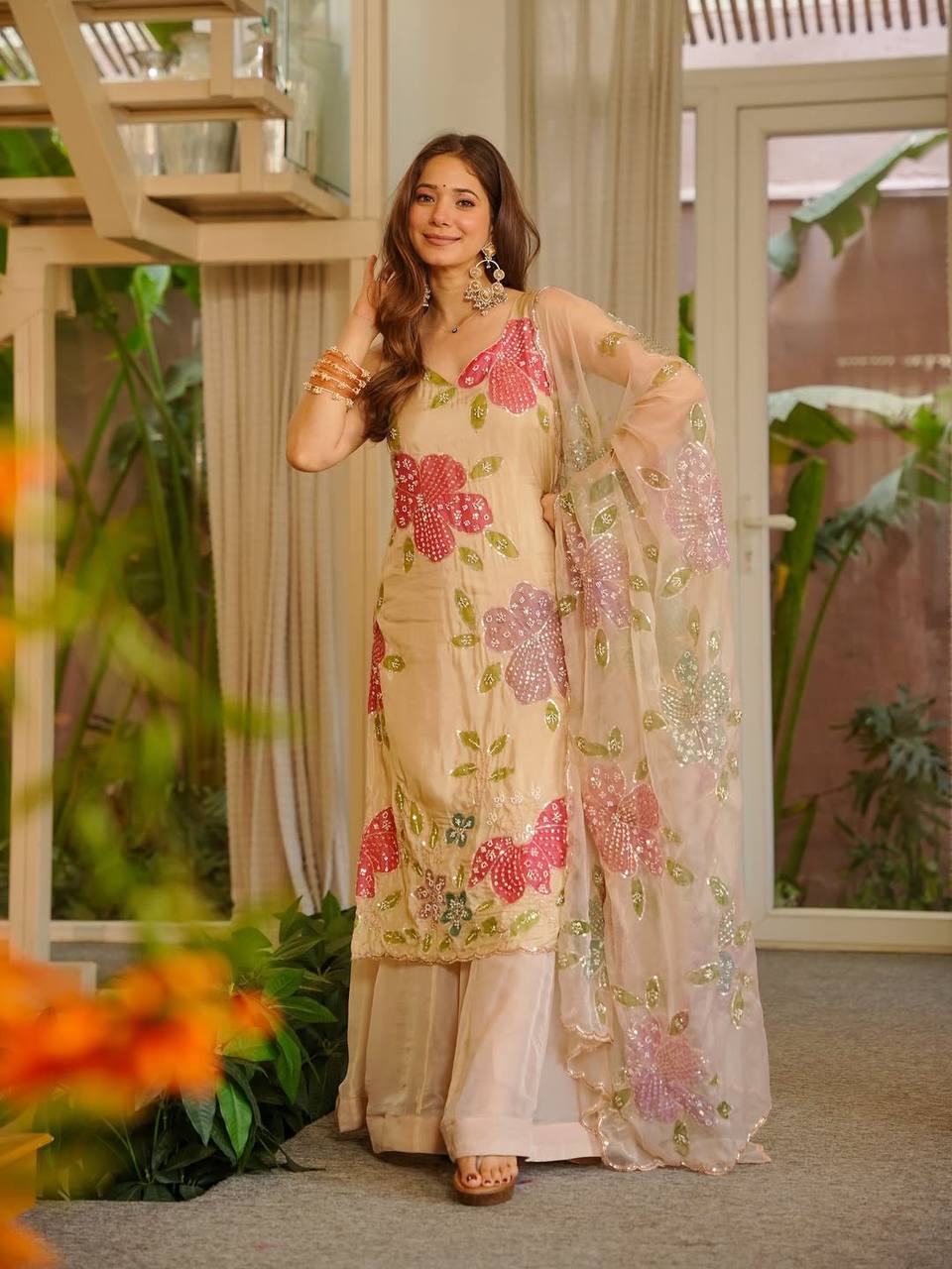 Designer Cream Color Tibby Organza Silk Palazzo Set