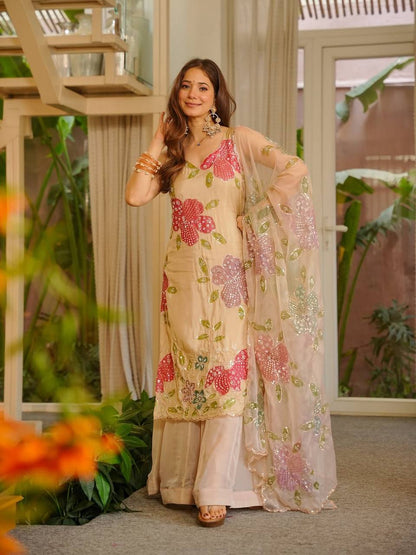 Designer Cream Color Tibby Organza Silk Palazzo Set