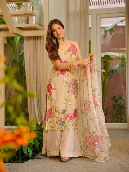Designer Cream Color Tibby Organza Silk Palazzo Set