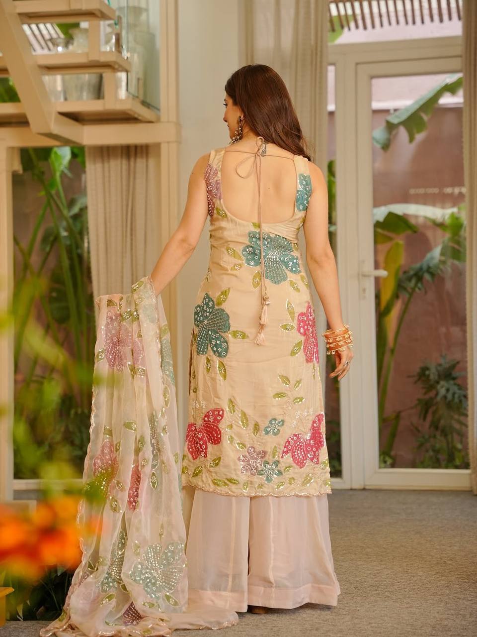 Designer Cream Color Tibby Organza Silk Palazzo Set
