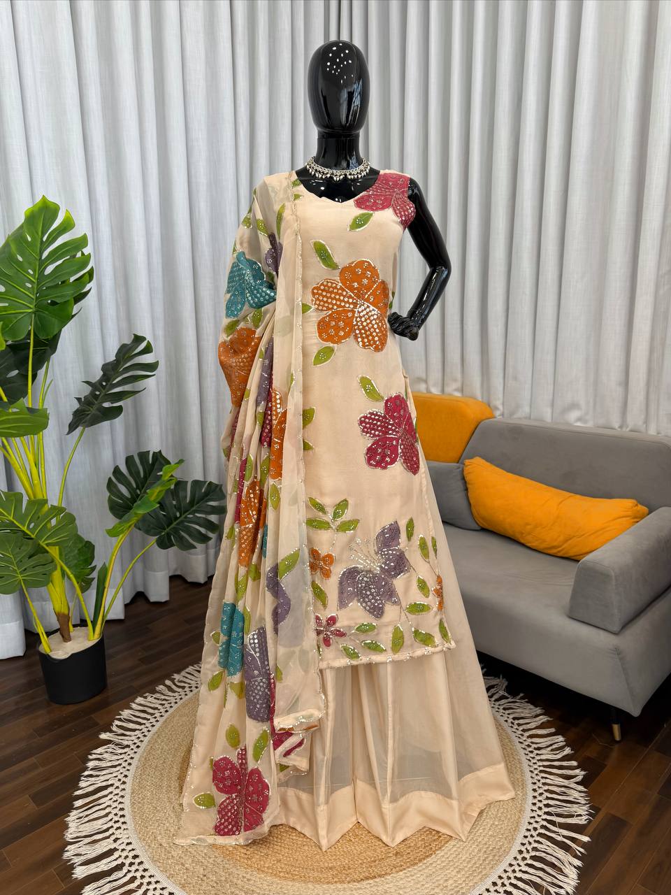 Designer Cream Color Tibby Organza Silk Palazzo Set