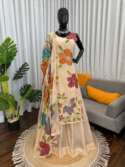 Designer Cream Color Tibby Organza Silk Palazzo Set