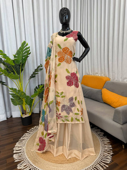 Designer Cream Color Tibby Organza Silk Palazzo Set