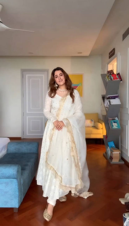 Wedding Wear White Color Embroidery With Sequins Anarkali Suit Set