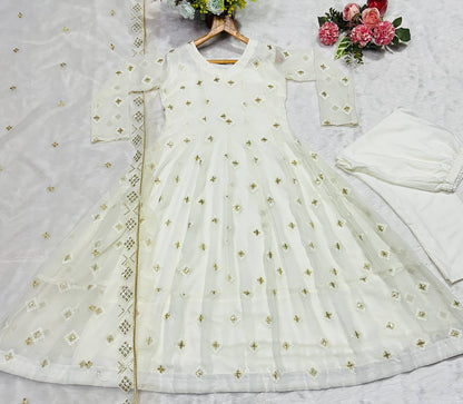 Wedding Wear White Color Embroidery With Sequins Anarkali Suit Set