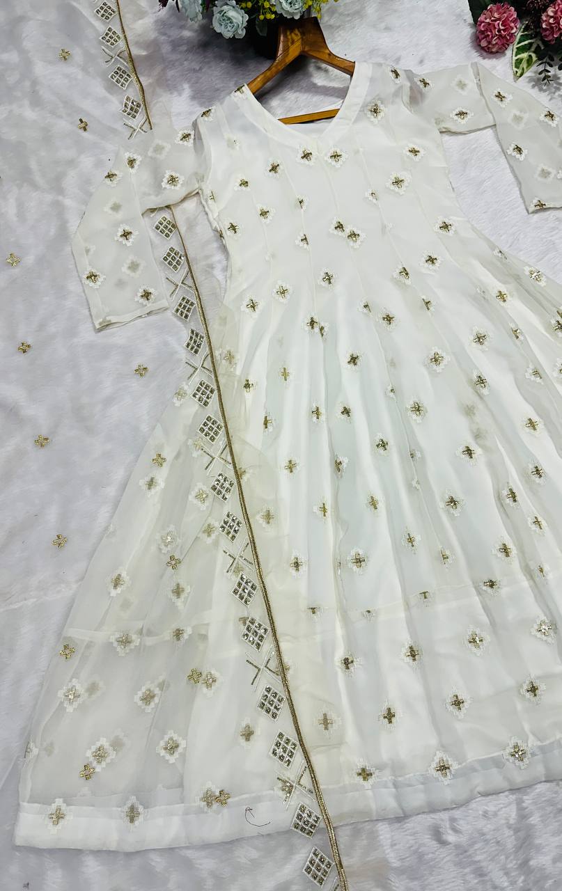 Wedding Wear White Color Embroidery With Sequins Anarkali Suit Set