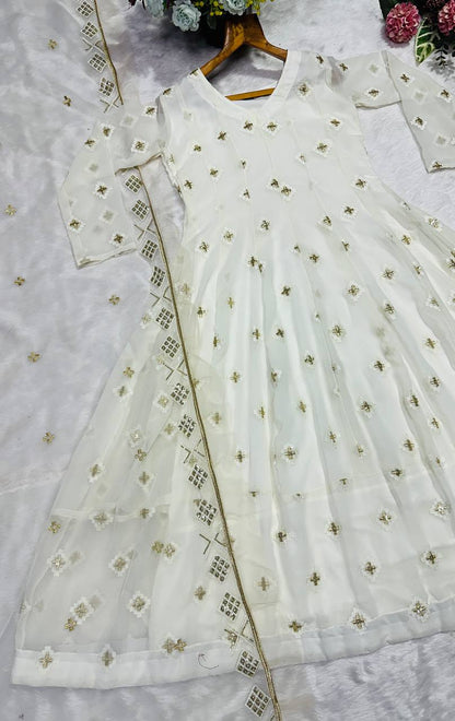 Wedding Wear White Color Embroidery With Sequins Anarkali Suit Set