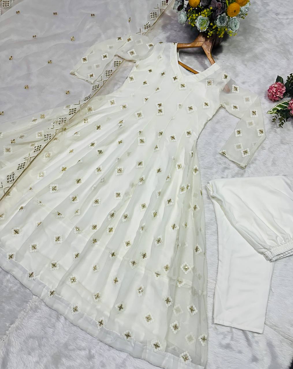 Wedding Wear White Color Embroidery With Sequins Anarkali Suit Set
