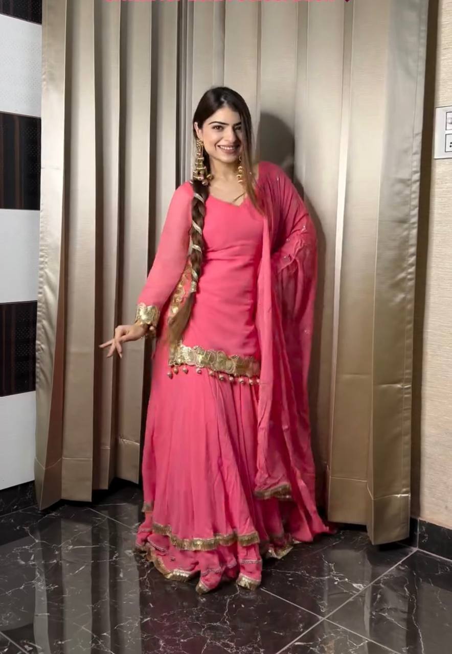 Ceremony Wear Pink Color Pure Chinon Silk With 5mm Embroidery Sequence Work Sharara Suit