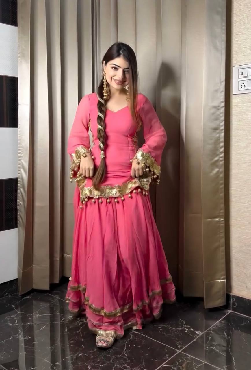 Ceremony Wear Pink Color Pure Chinon Silk With 5mm Embroidery Sequence Work Sharara Suit