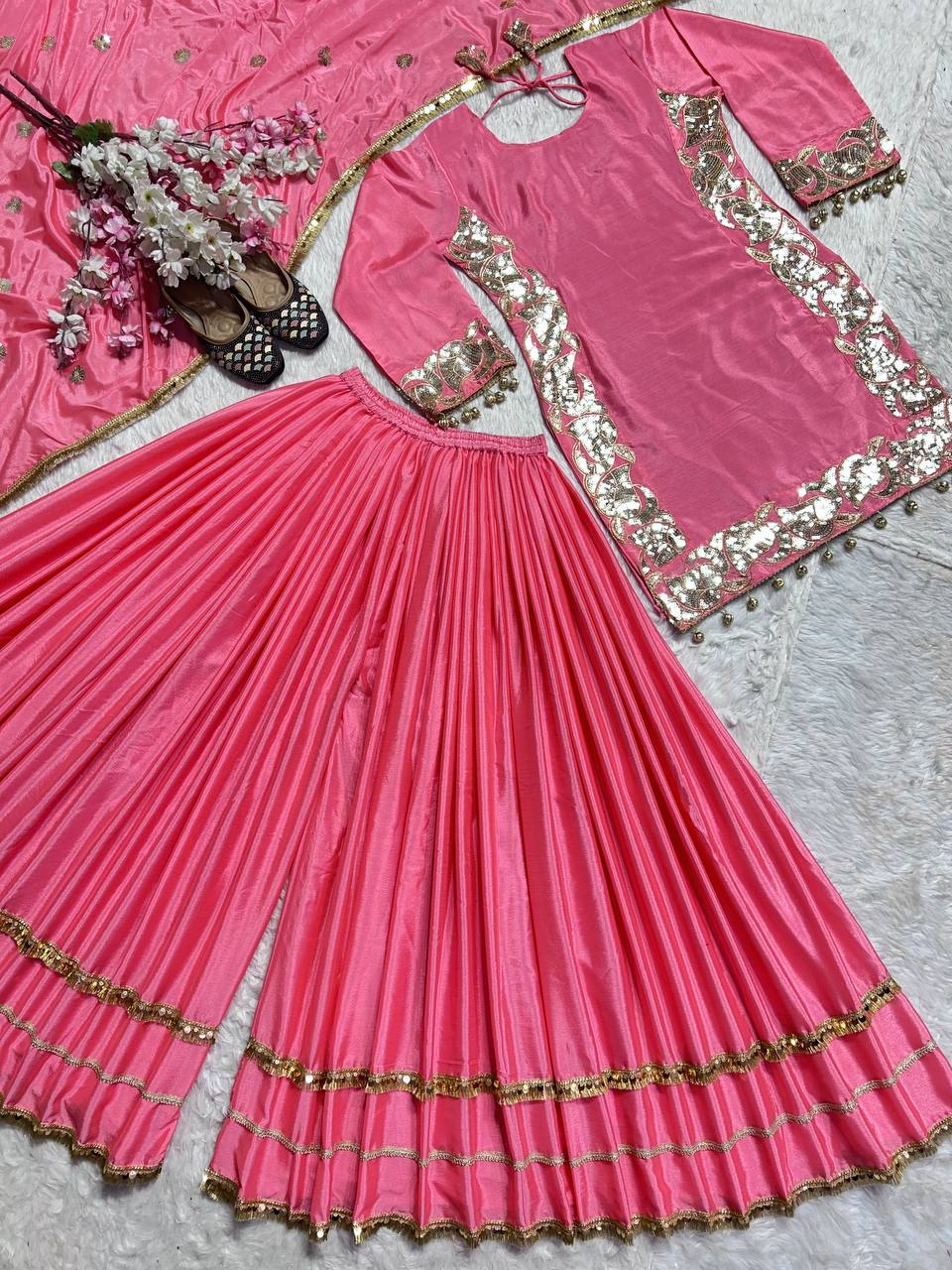 Ceremony Wear Pink Color Pure Chinon Silk With 5mm Embroidery Sequence Work Sharara Suit