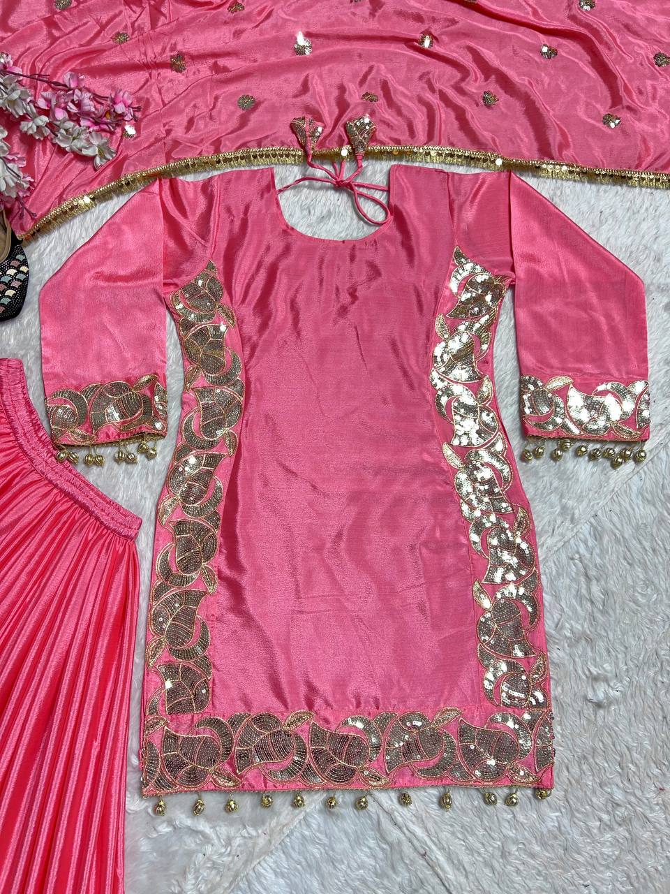 Ceremony Wear Pink Color Pure Chinon Silk With 5mm Embroidery Sequence Work Sharara Suit