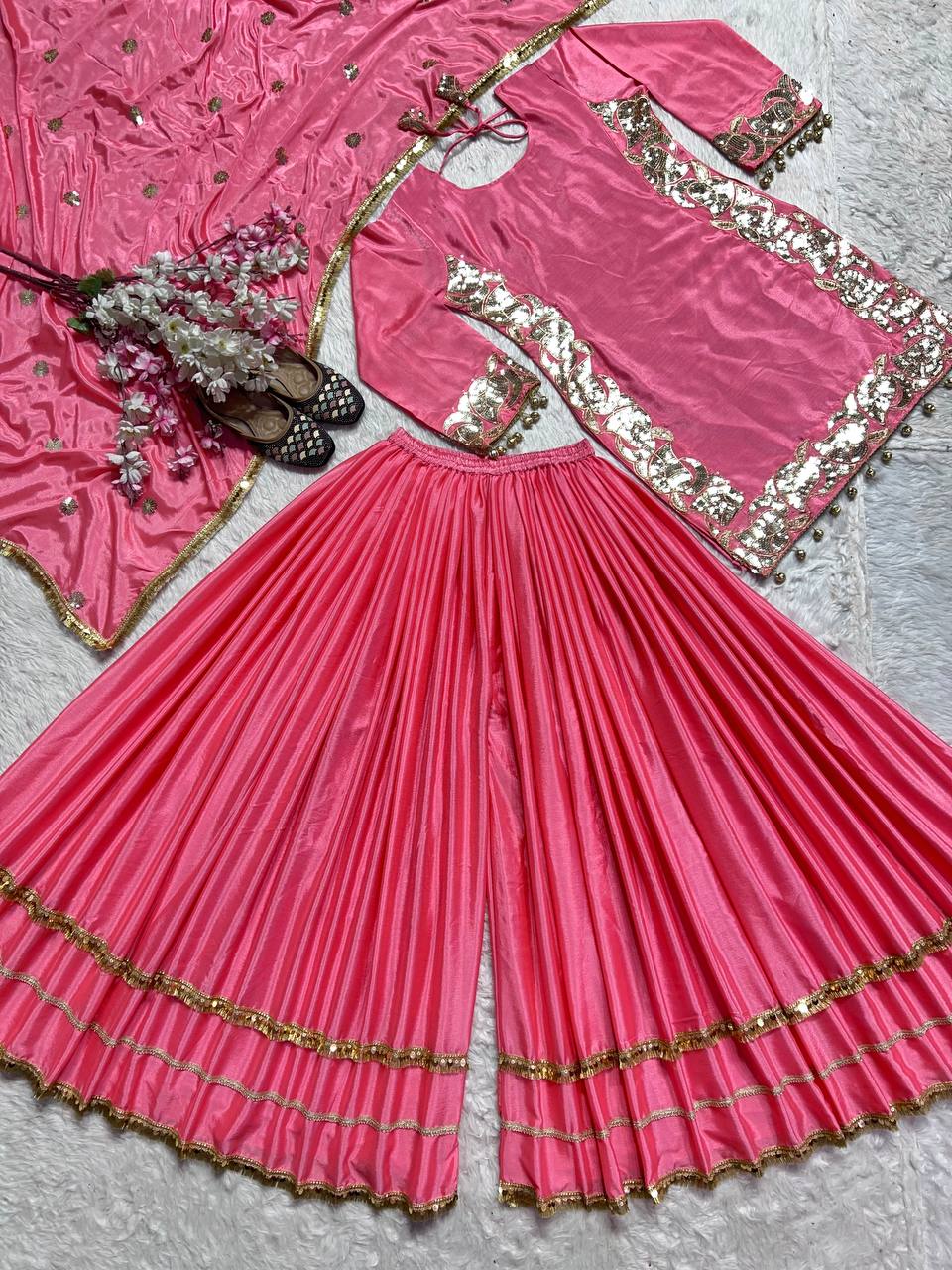 Ceremony Wear Pink Color Pure Chinon Silk With 5mm Embroidery Sequence Work Sharara Suit