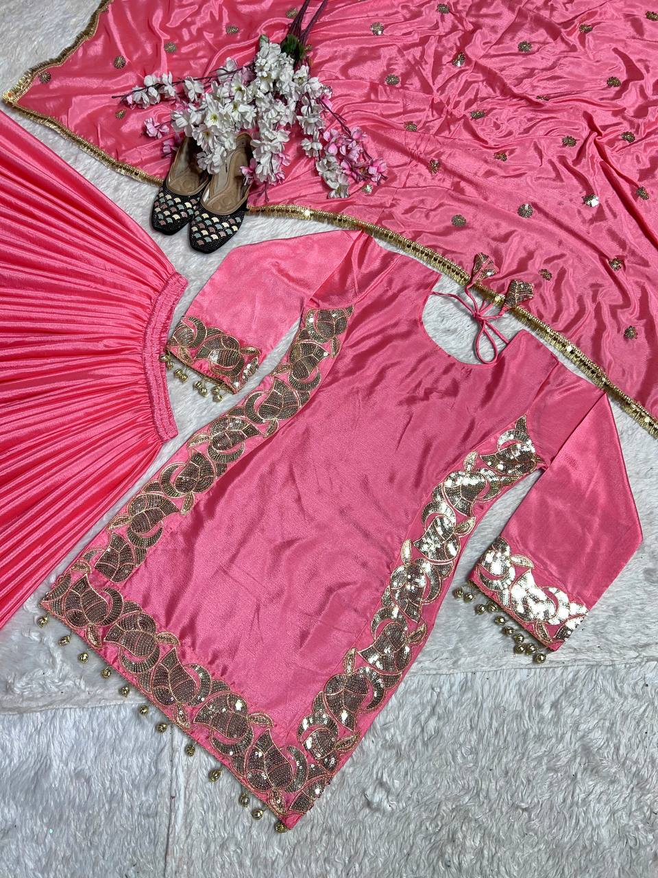 Ceremony Wear Pink Color Pure Chinon Silk With 5mm Embroidery Sequence Work Sharara Suit