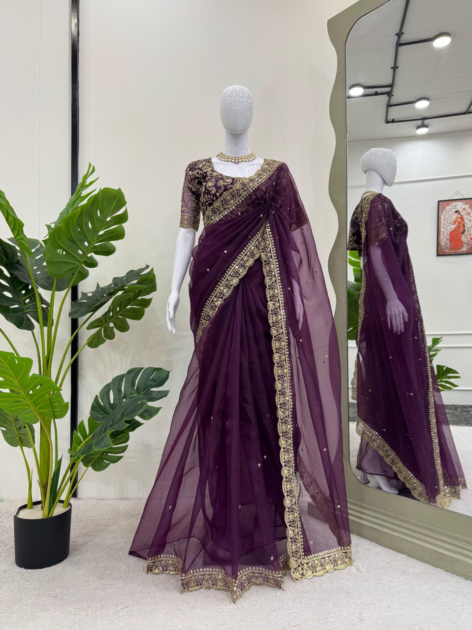 Stylish Purple Color Heavy Organza Silk Thread With Sequence Work Designer Saree