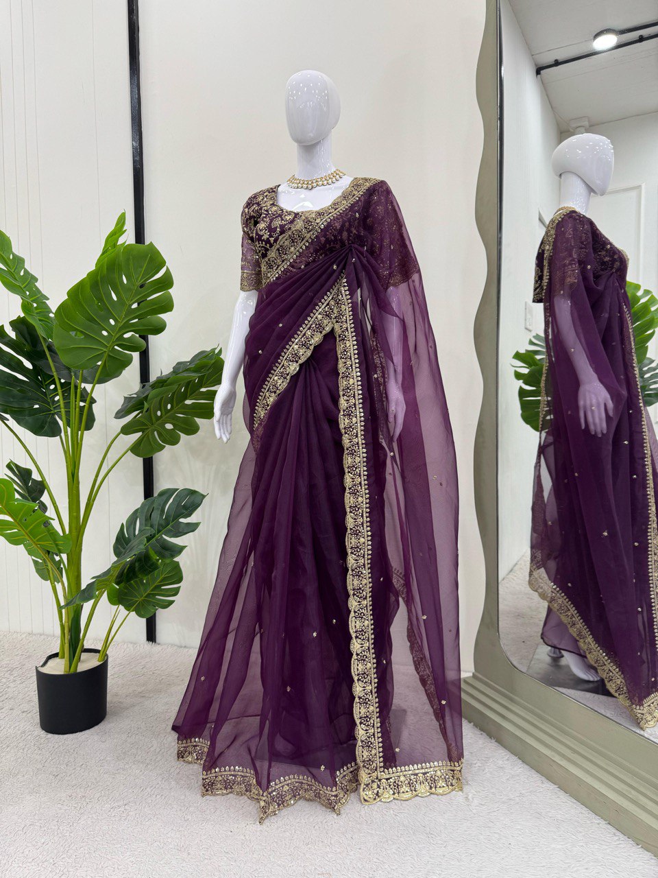 Stylish Purple Color Heavy Organza Silk Thread With Sequence Work Designer Saree