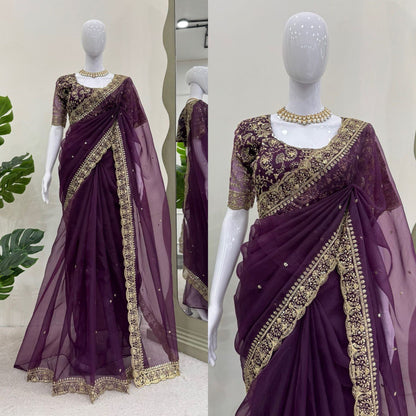 Stylish Purple Color Heavy Organza Silk Thread With Sequence Work Designer Saree