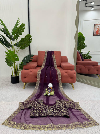 Stylish Purple Color Heavy Organza Silk Thread With Sequence Work Designer Saree