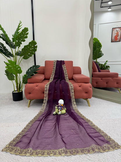 Stylish Purple Color Heavy Organza Silk Thread With Sequence Work Designer Saree