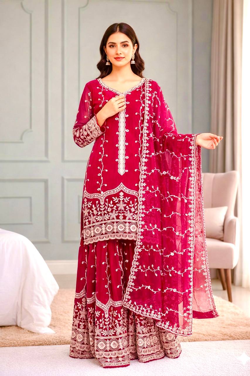 Elegant Fendy Silk Embroidered Fully Stitched Sharara Suit Set